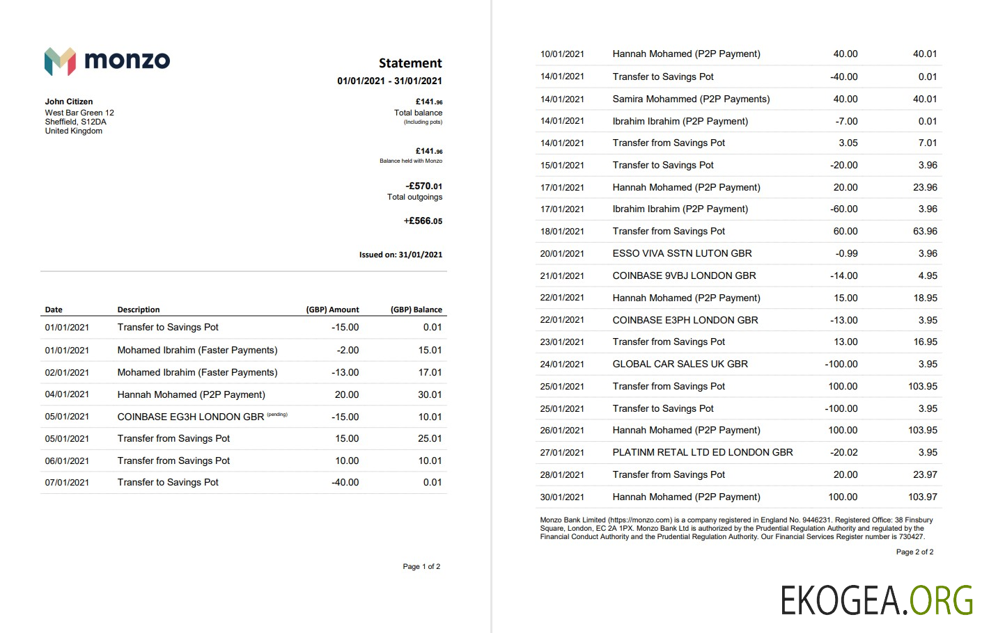 Modèle de relevé bancaire Monzo du Royaume Uni au format Word et PDF (3 pages), bon pour prouver l'adresse